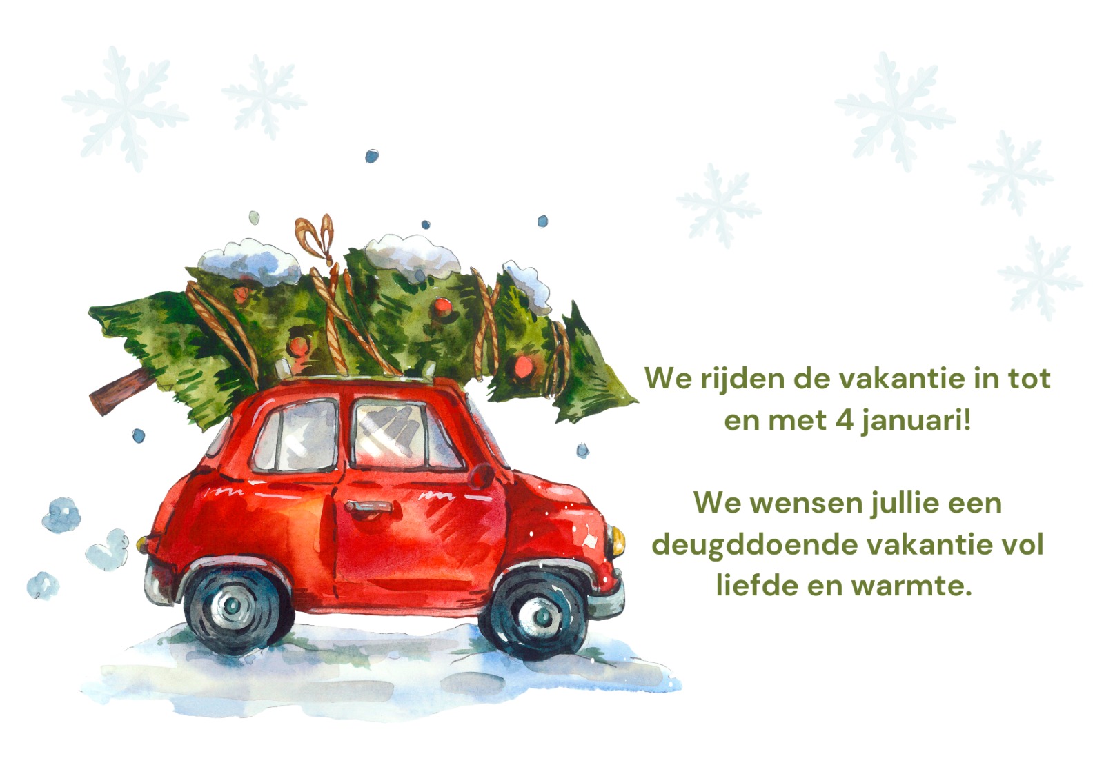 afbeelding van kerstboom op auto met tekst over de vakantie